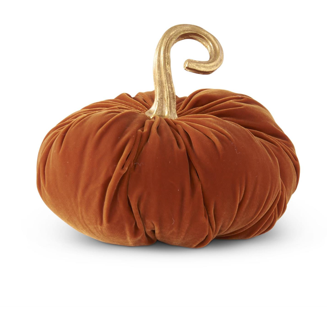 11 INCH ORANGE VELVET STUFFED PUMPKIN W/TWISTED GOLD STEM