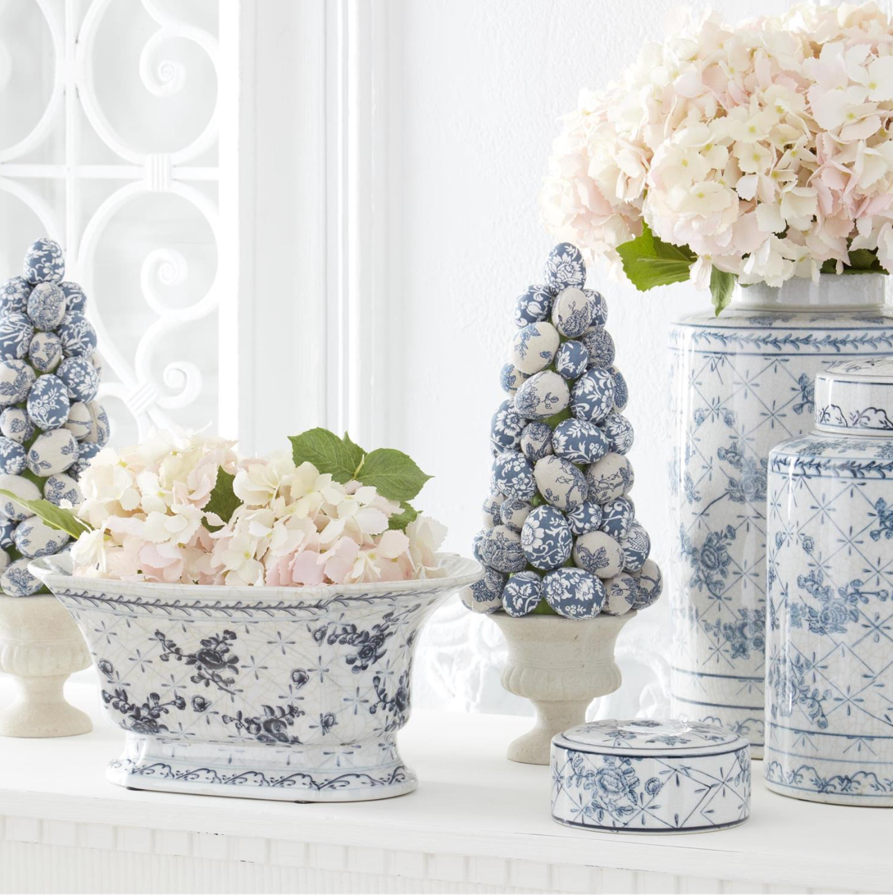15 INCH BLUE AND WHITE FLORAL FABRIC EGG TOPIARY