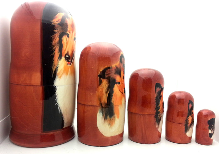 Collie Nesting Dolls Russian Matryoshka Dog Set 7"H