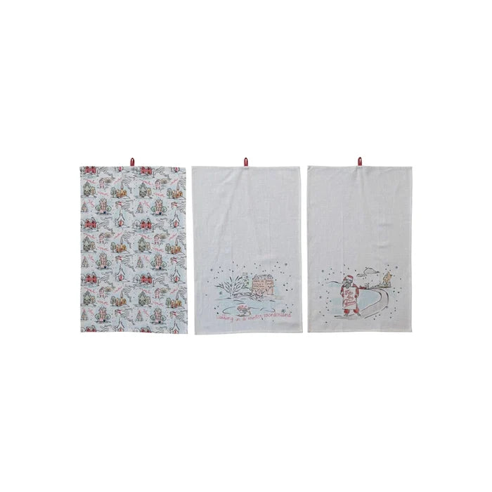 Cotton Printed Tea Towel w/ Holiday Scene/Pattern, Saying & Loop