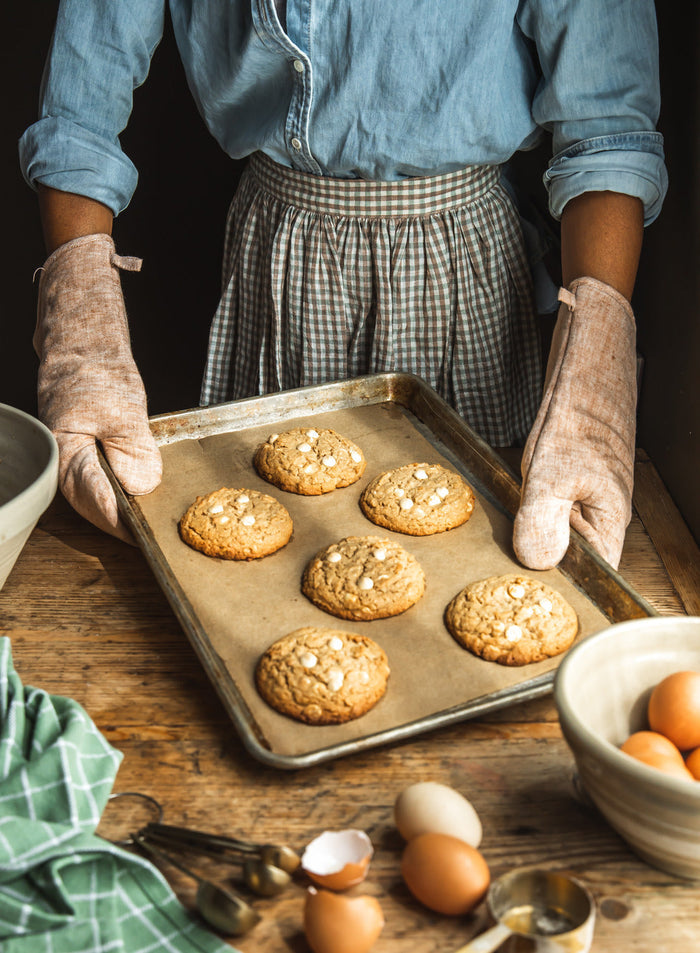 Farmhouse Gingham Homestead Apron — gingham apron worn while baking; Farmhouse Pottery