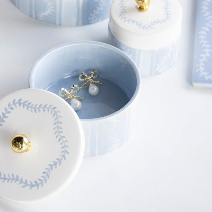 Laurel Wreath Traditional Trouvé Trinket Box — open Traditional box holding separately displayed jewelry; Susan Gordon Pottery
