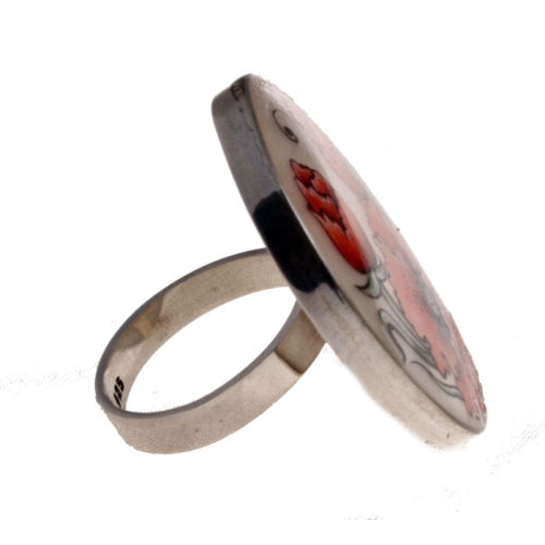 Poppy Hand Painted Mother Of Pearl Silver Ring
