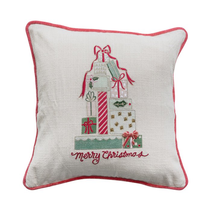 Square Pillow with Gifts, Embroidery, Piping & Velvet Back