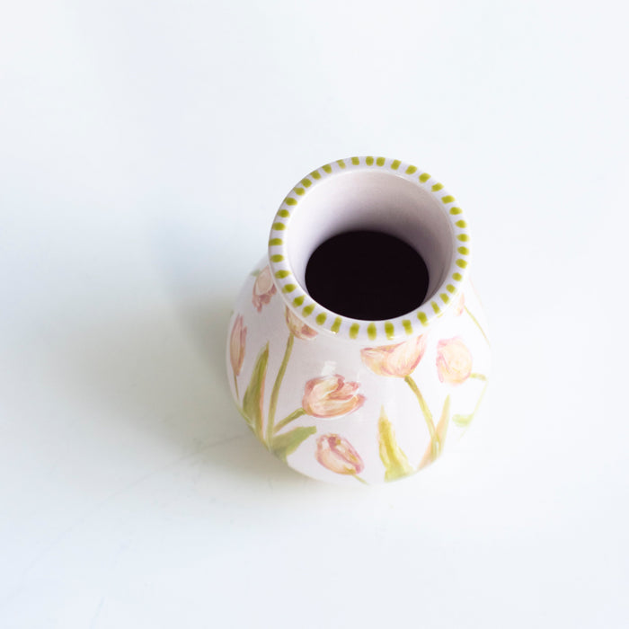 Tulip Posy Stoneware Bud Vase — overhead view of the opening and painted tulips; Susan Gordon Pottery