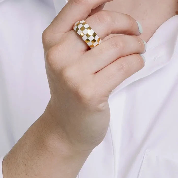 White and Gold Checkered Ring