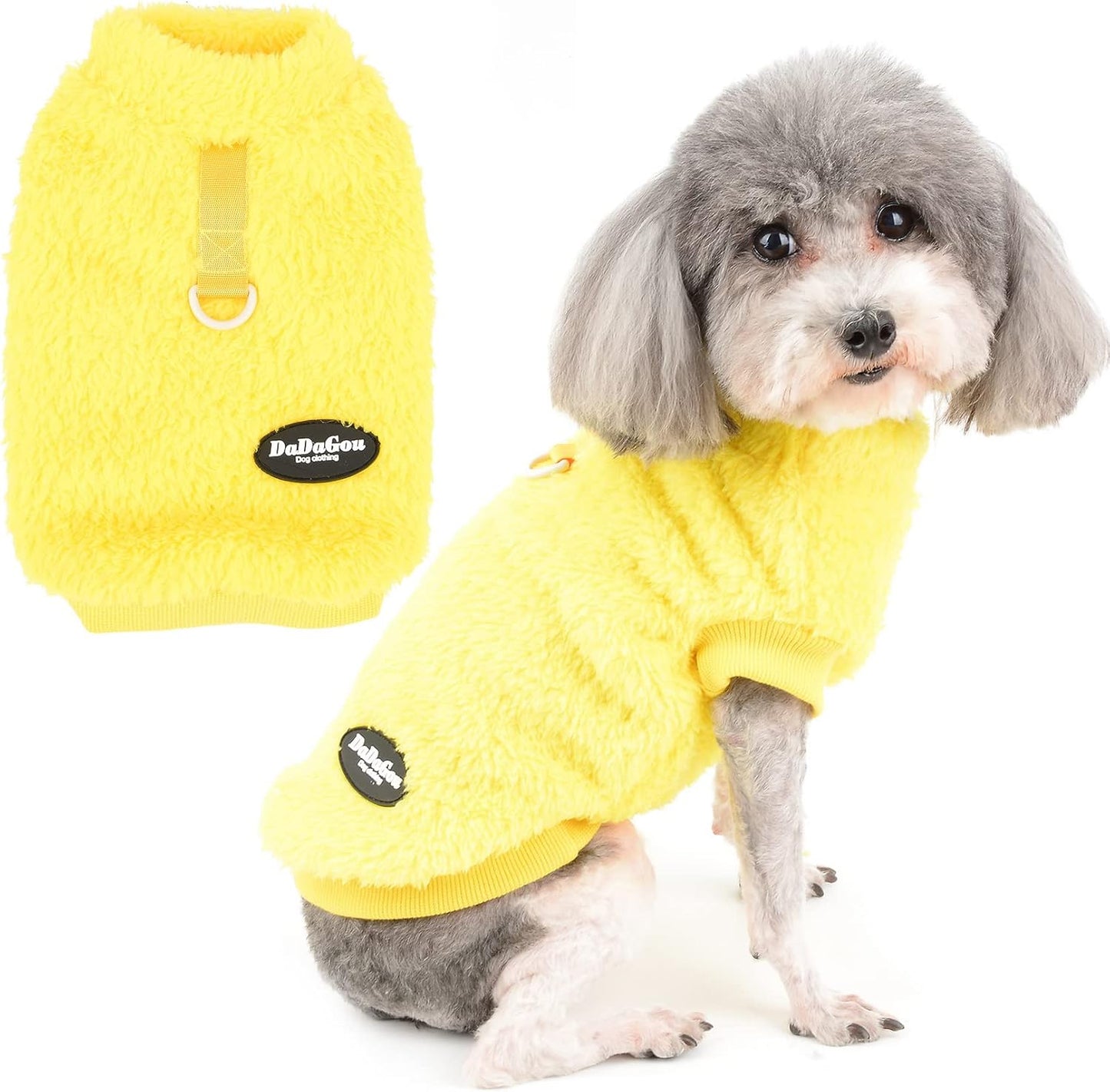 Cozy fleece dog sweater with D-ring - warm winter wear for small breeds & cats (Yellow)