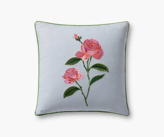 Garden Rose Embroidered Pillow - Blue