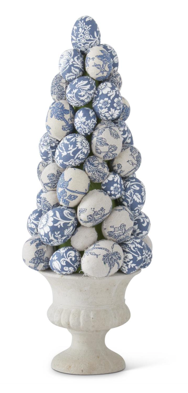 15 INCH BLUE AND WHITE FLORAL FABRIC EGG TOPIARY