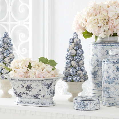 15 INCH BLUE AND WHITE FLORAL FABRIC EGG TOPIARY
