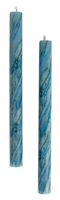 10"H Unscented Marble Blue Taper Candles