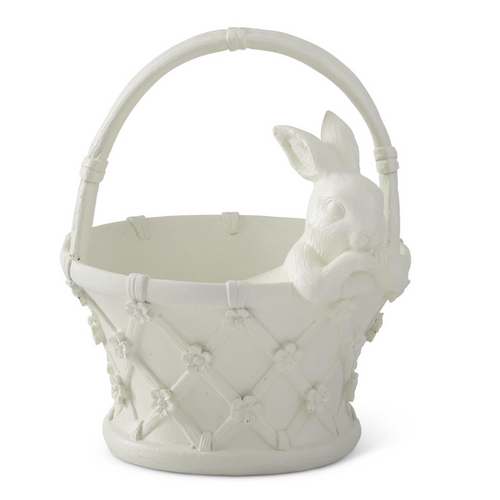10.5 Inch White Resin Easter Bunny In Basket