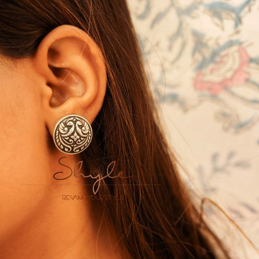 925 pure silver embossed peacock motif intricate stud earring