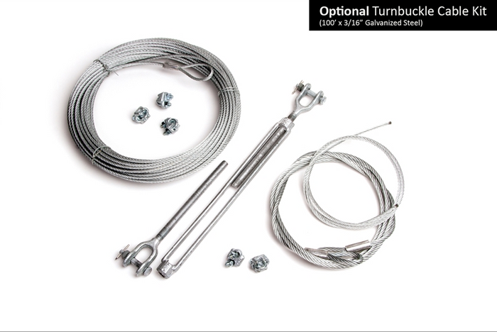 Coiled galvanized steel zip line cable with turnbuckle tensioning hardware and cable clamps for outdoor installation