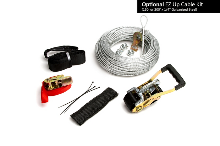 Coiled galvanized steel cable with tensioning ratchet, black straps, zip ties, and hardware for zip line installation kit