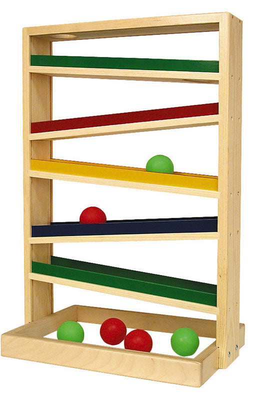 Amazing Tracker wooden ball maze toy with colorful zigzag ramps and soft red and green balls collected in a tray