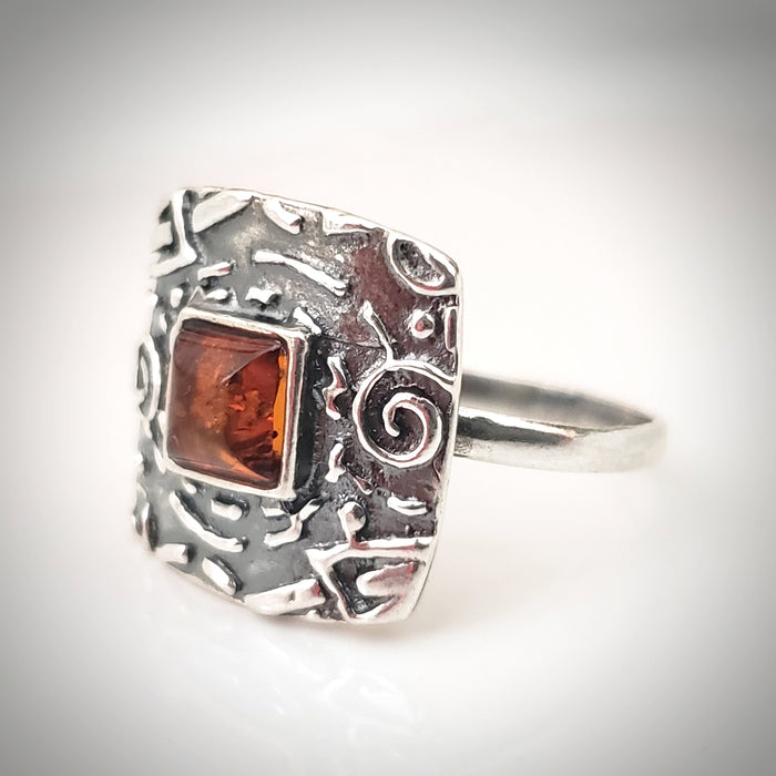 silver square amber ring