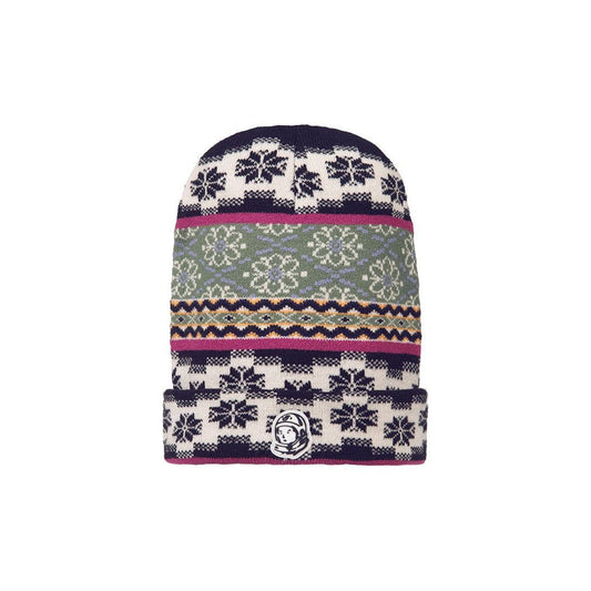 BBC Whisper White BB Space Station Beanie (831-8803) on a mannequin head in a cozy winter setting with snowflakes falling in the background