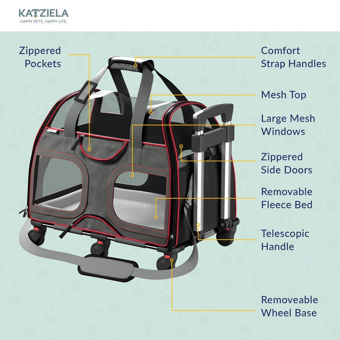Katziela - Luxury Rider Pet Carrier with Removable Wheels - 4 Colors