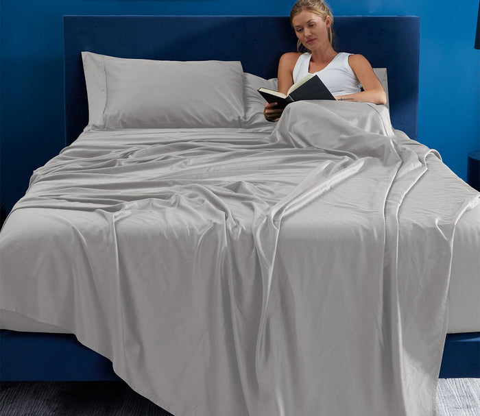 Soft Basic Sheet Set by Bedgear, gray, in bedroom with model