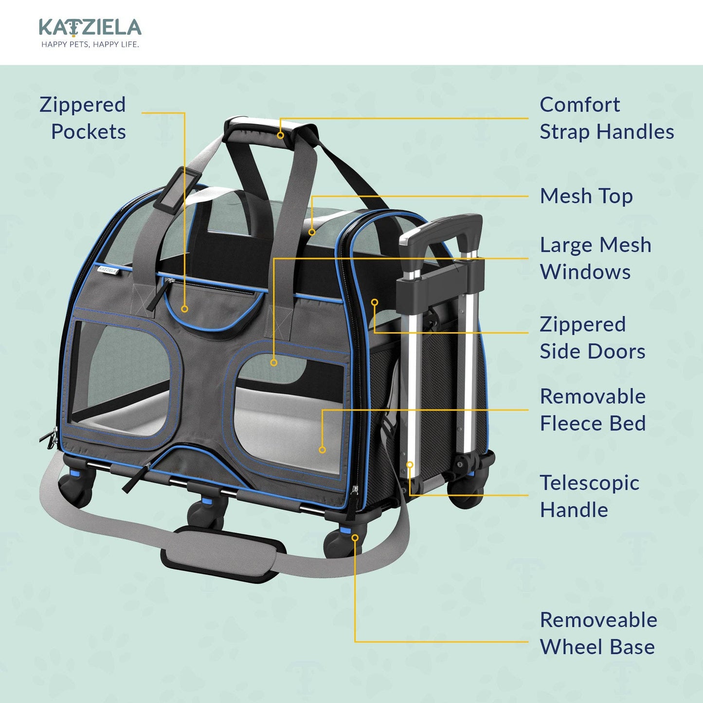 Katziela - Luxury Rider Pet Carrier with Removable Wheels - 4 Colors