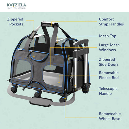 Katziela - Luxury Rider Pet Carrier with Removable Wheels - 4 Colors