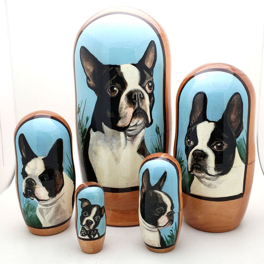 Boston Terrier Dog Breed Nesting Doll 7" Tall Set