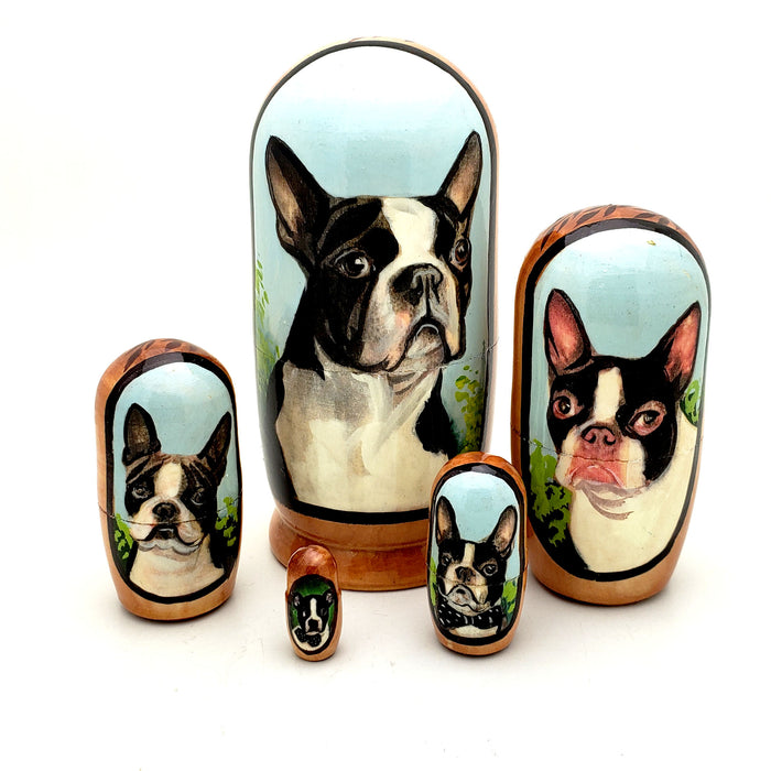 Boston Terrier Dog Matryoshka Doll Set 4" Tall