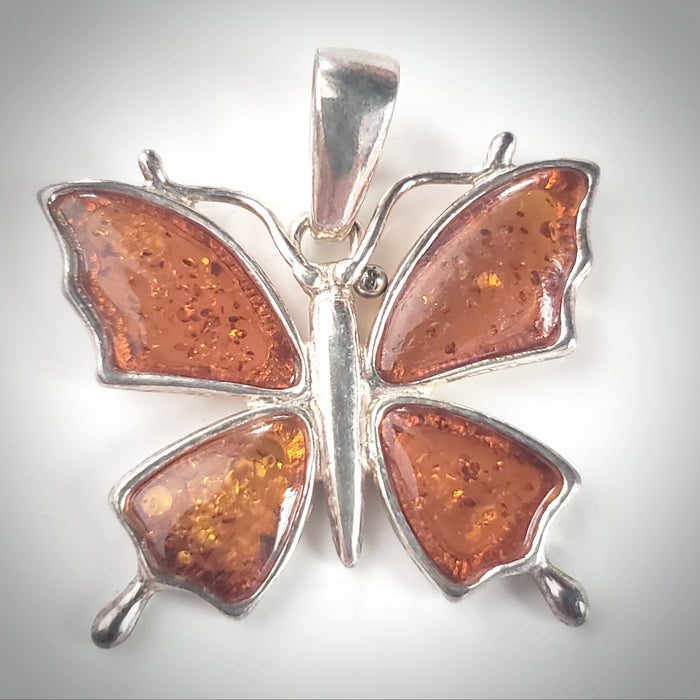 Butterfly Cognac Amber & Sterling Silver Pendant BuyRussianGifts Store