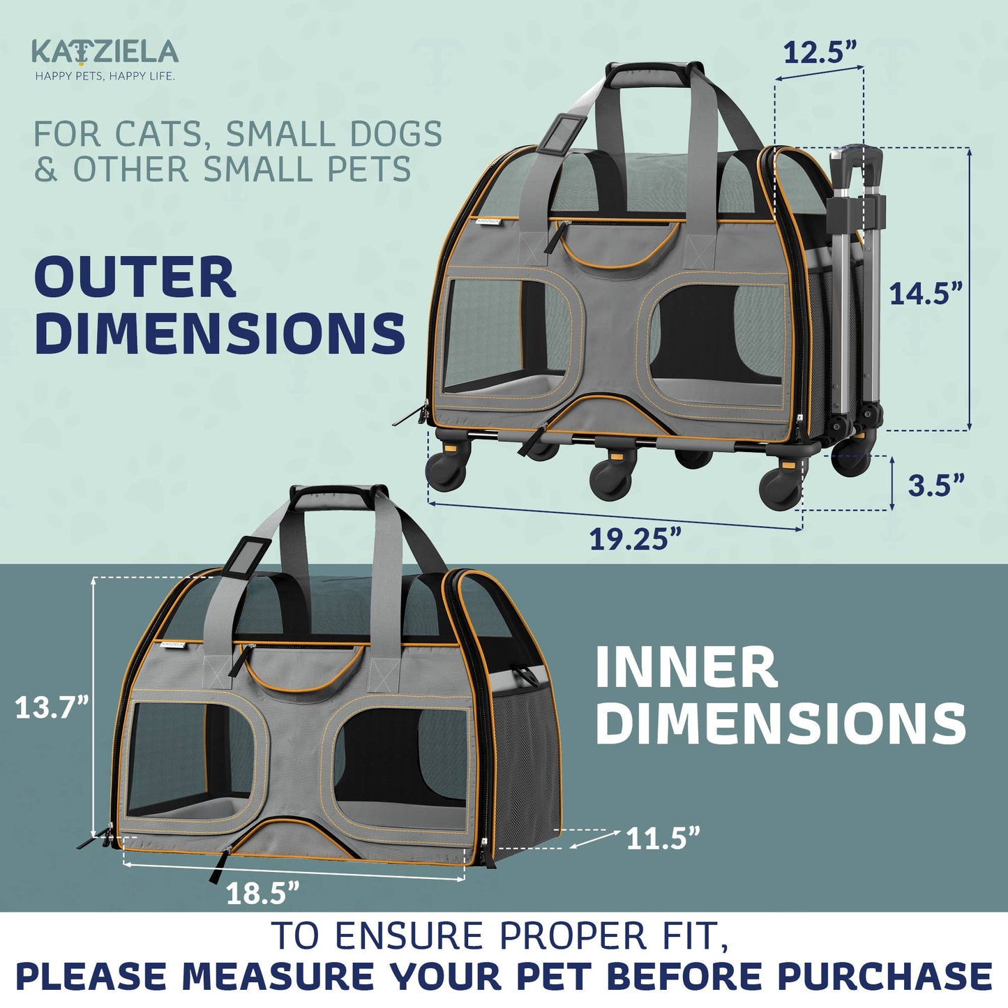 Katziela - Luxury Rider Pet Carrier with Removable Wheels - 4 Colors