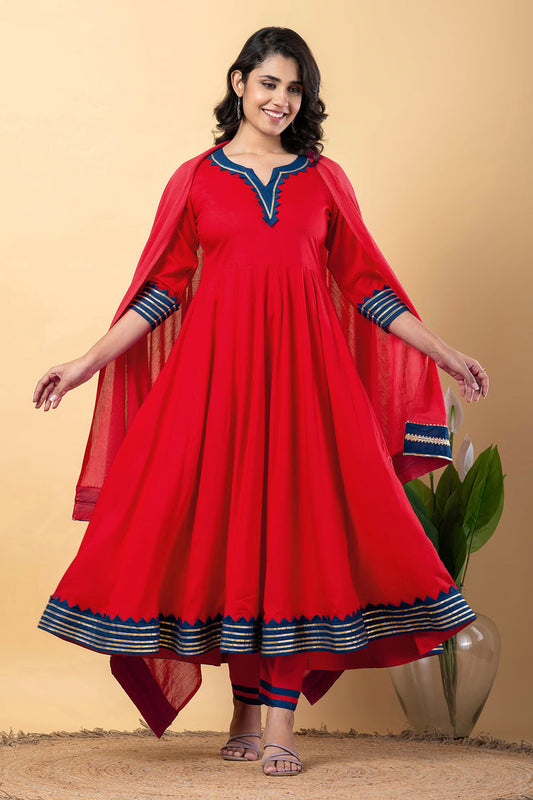 Cadmium Red Rayon Gotta Work Anarkali Set