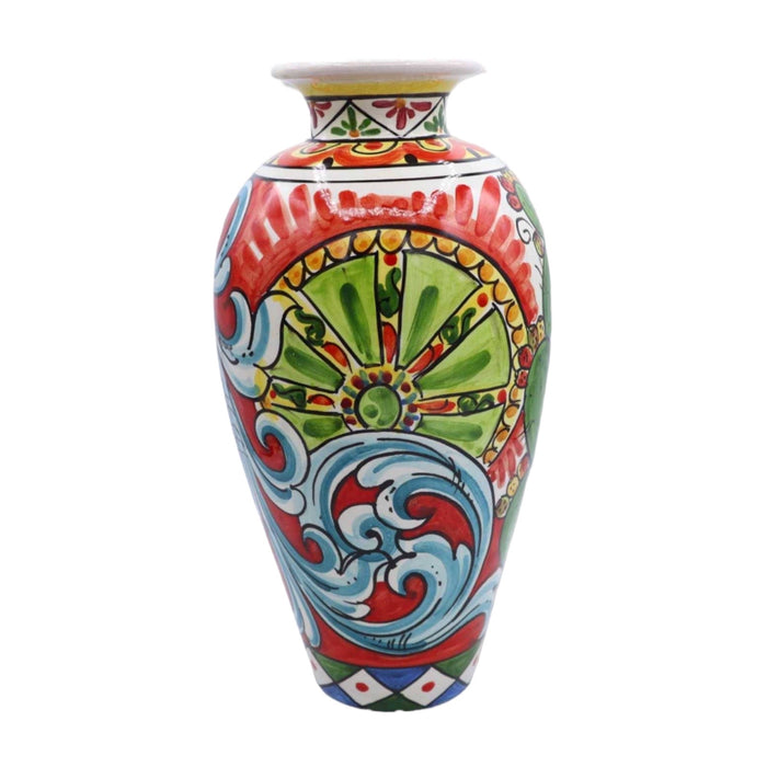 Caramic Vase With Baroque decoration, sun, cart wheel and prickly pear shovel, height 30 cm
