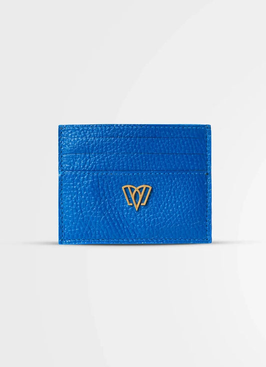 Blue textured cardholder with a gold logo on a white background