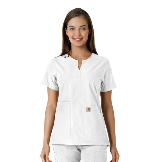 Force Essentials Women's Notch Neck Tunic Knit Panel Scrub Top White