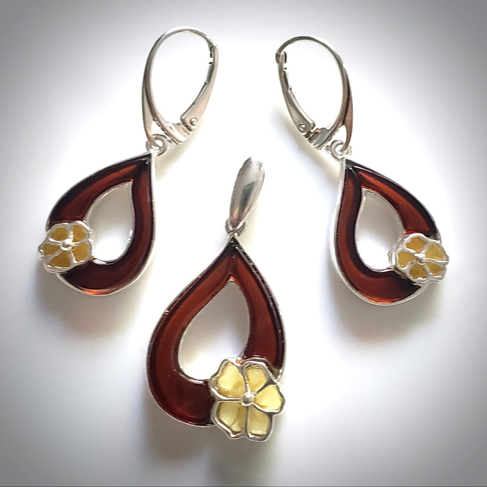 cherry amber leaf with butterscotch amber flower earring pendant set
