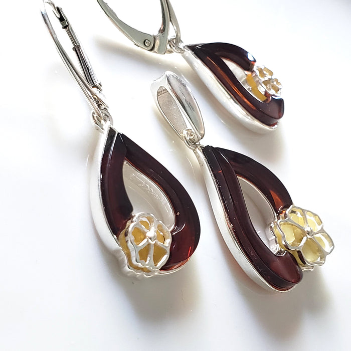 cherry amber leaf with butterscotch amber flower earring pendant modern set