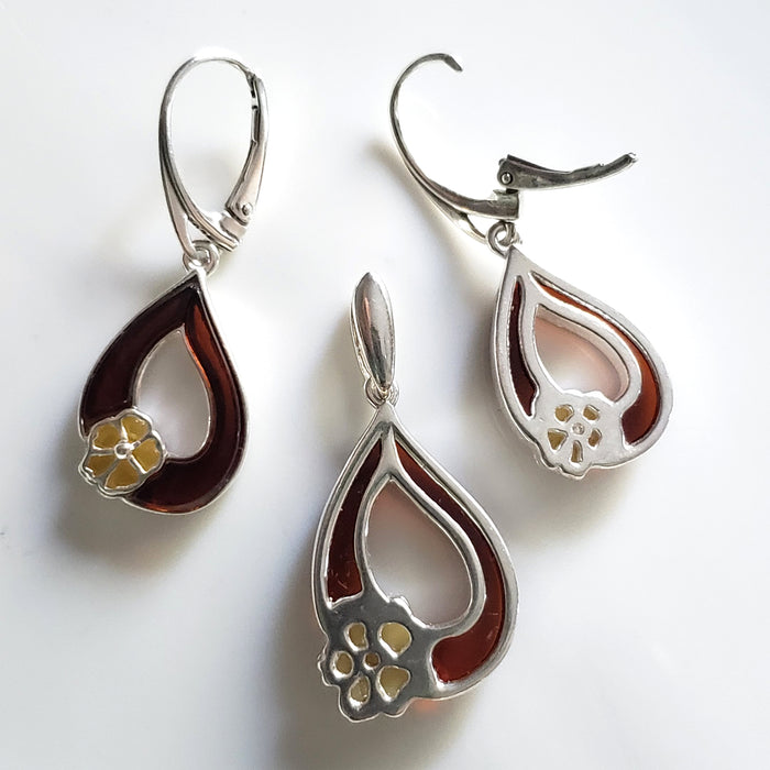 cherry amber leaf with butterscotch amber flower earring pendant set