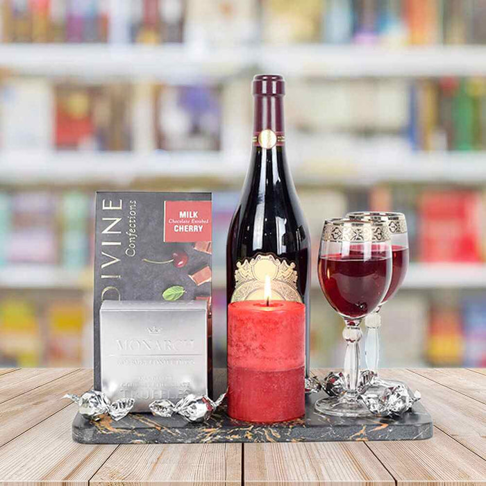 Chocolate Cherries, Candle, & Wine Gift Set from Monthly Sommelier USA - Wine Gift Basket - USA Delivery
