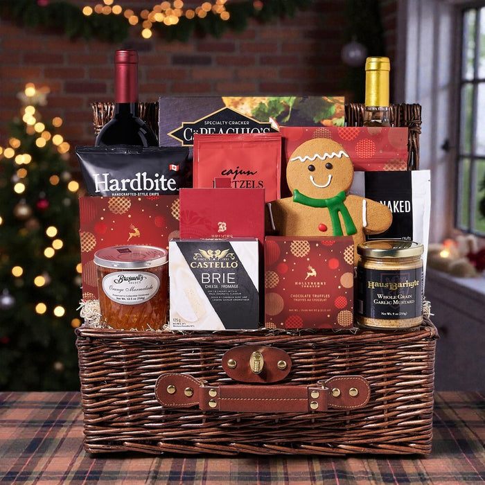 Christmas Wine Indulgence Basket, chocolate, wine, wine gift basket, gift basket, basket, gift, goodies, Christmas, holiday, pretzel, popcorn, chips, shortbread, cookies, delivery, US