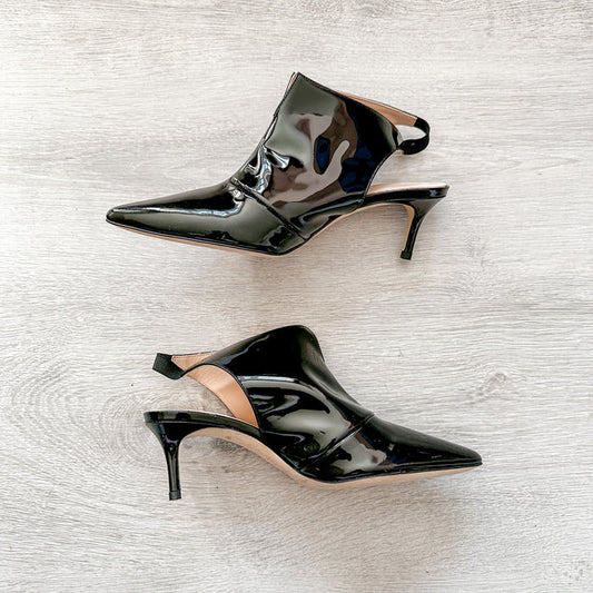 Christopher Kane Black Patent Leather Slingback Pointed Toe Mules - House Of Huntington
