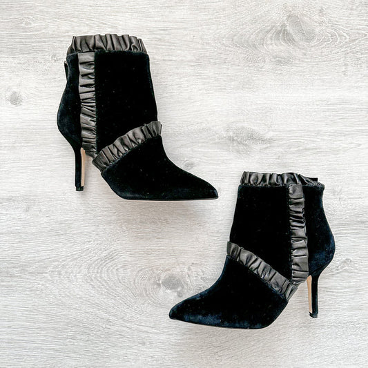 Christopher Kane Black Velvet Leather Trim Detail Ankle High Heels Booties - House Of Huntington