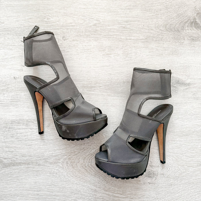Christopher Kane Grey Mesh Detail Peep Toe Sandal Stilleto High Heel - House Of Huntington