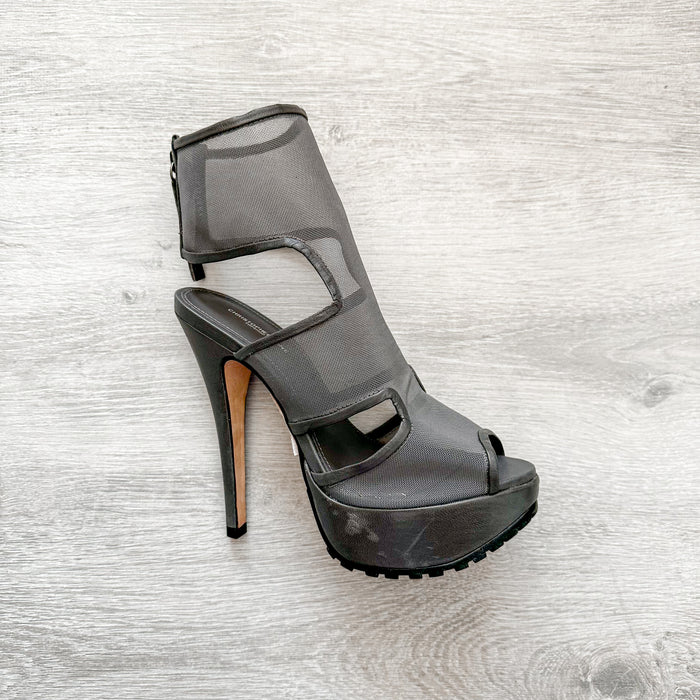 Christopher Kane Grey Mesh Detail Peep Toe Sandal Stilleto High Heel - House Of Huntington