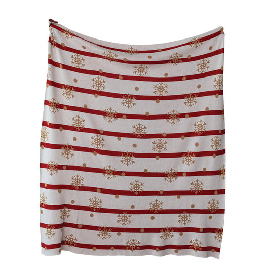Cotton Knit Throw with Stripes, Snowflakes & Dots Pattern