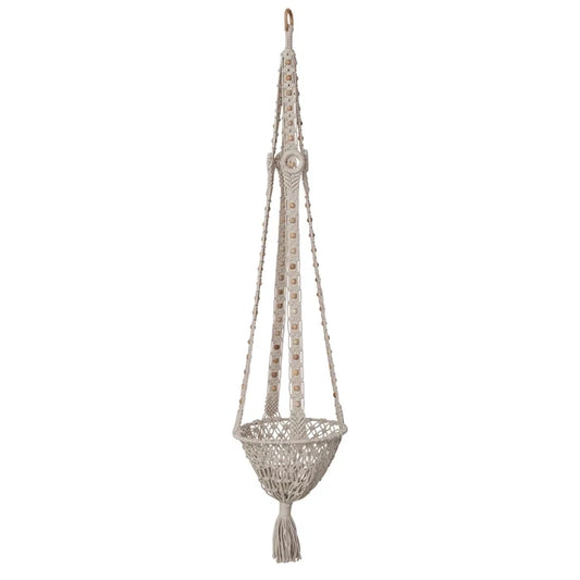 Cotton Macrame Plant Hanger with Wood Beads & Tassel