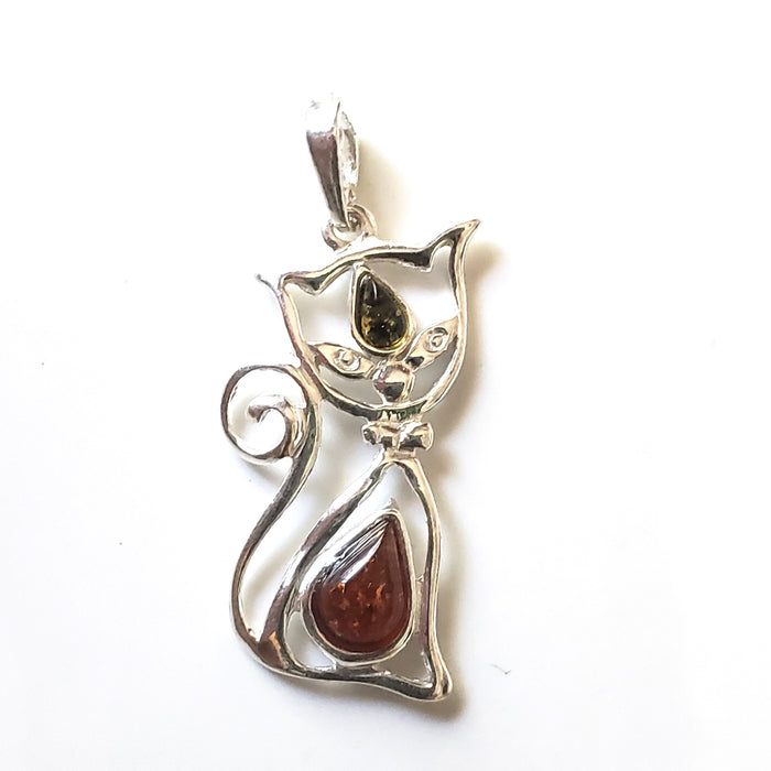 multicolor amber silver cat pendant