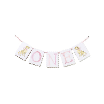 "ONE" Highchair Banner with Pink Bow/Puppy Dog End Pieces