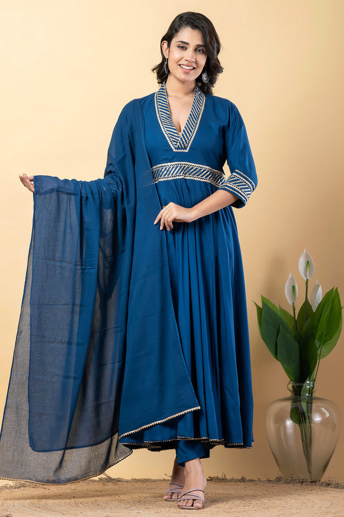 Dark Cerulean Blue Rayon Gota Work Anarkali Set