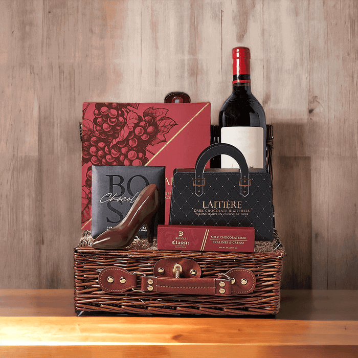 "Decadent Abundance" Wine & Chocolate Gift Set includes: LaitiAre Wine Pairing Truffle Assortment Chocolate, LaitiAre Dark Chocolate High Heels, Boss Dark Chocolate Square Bar, Bruges Center Filled Chocolate Bar & a Small Picnic Basket.