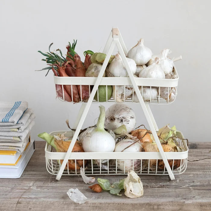 Decorative Metal 2-Tier Tray with Rattan Wrapped Handle, White